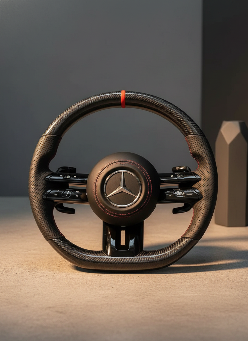 Carbon Fiber Luxury Steering Wheel displayed on a clean, warm background, highlighting its intricate carbon fiber weave and d