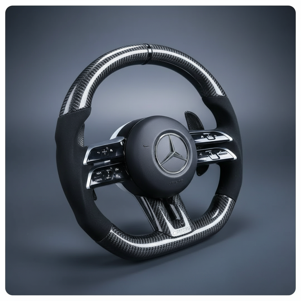 A close-up, angled studio shot of a Carbon Fiber Luxury Steering Wheel, showcasing its ergonomic design and 3K twill carbon f