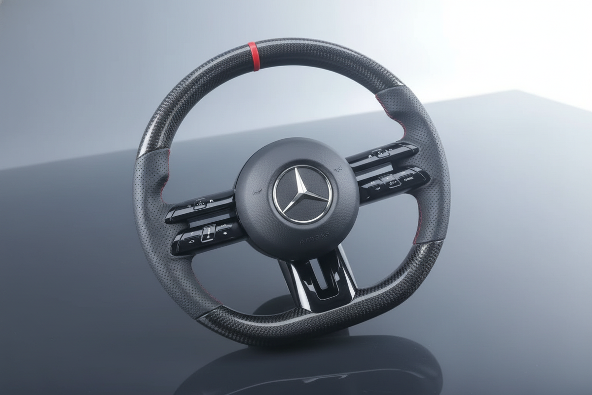 A luxurious carbon fiber steering wheel with ergonomic design, presented in a clean, modern studio setting with a charcoal an
